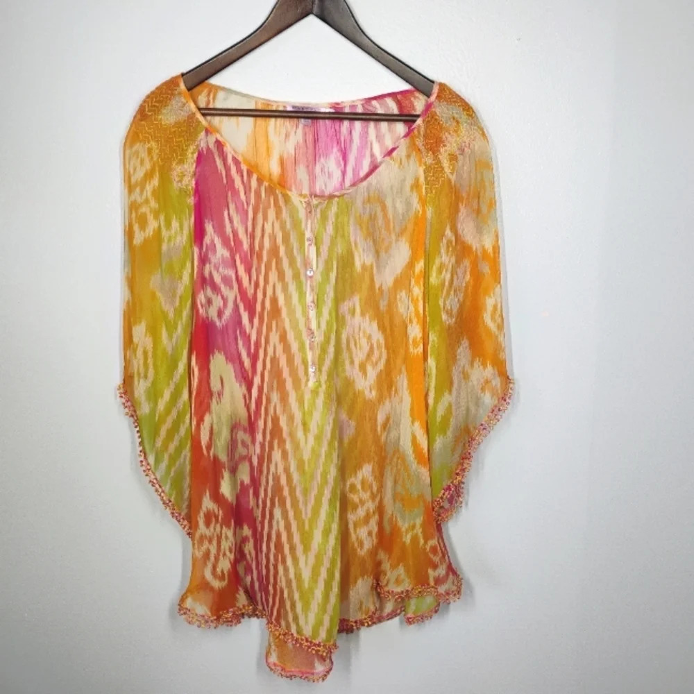 Calypso St. Barth Amani 100% Silk Sheer Ikat Oversized Relaxed Fit Top Lace Trim